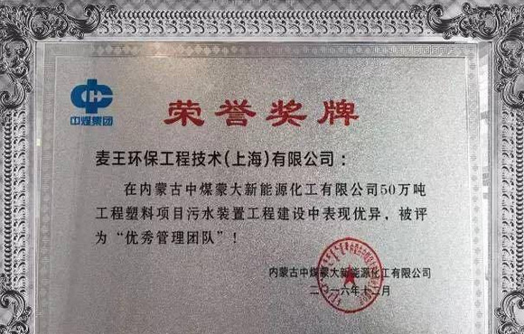 麦王环境荣获中煤蒙大项目“优秀管理团队”荣誉